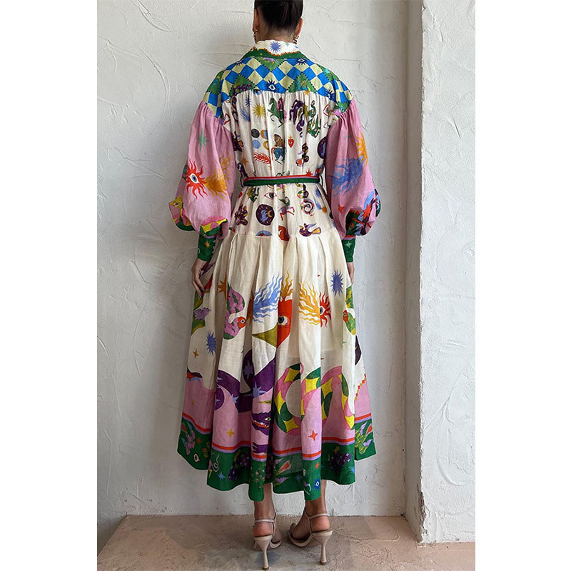 Women's Abstract Print Long Sleeve Flowy Vintage Maxi Dress - 图1