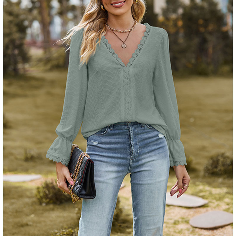 Lace Trim V Neck Tops Long Sleeve Shirts 欧美提花V领花边上衣 - 图0