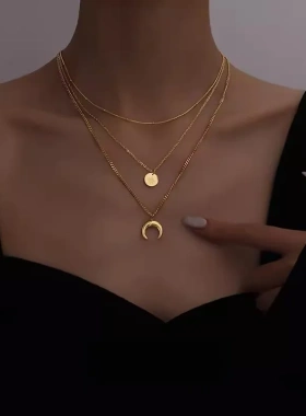 欧美复古高级感小众轻奢简约钛钢项链女气质星月吊坠冷淡风锁骨链
