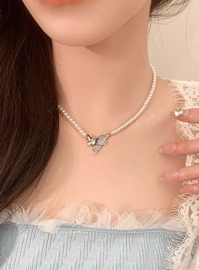珍珠蝴蝶项链女气质轻奢小众设计感2024新款高级感网红爆款锁骨链