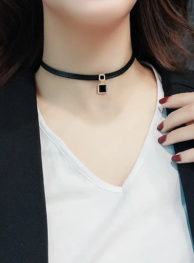 黑色皮绳项链女短款颈带锁骨链ins简约森系气质脖颈链