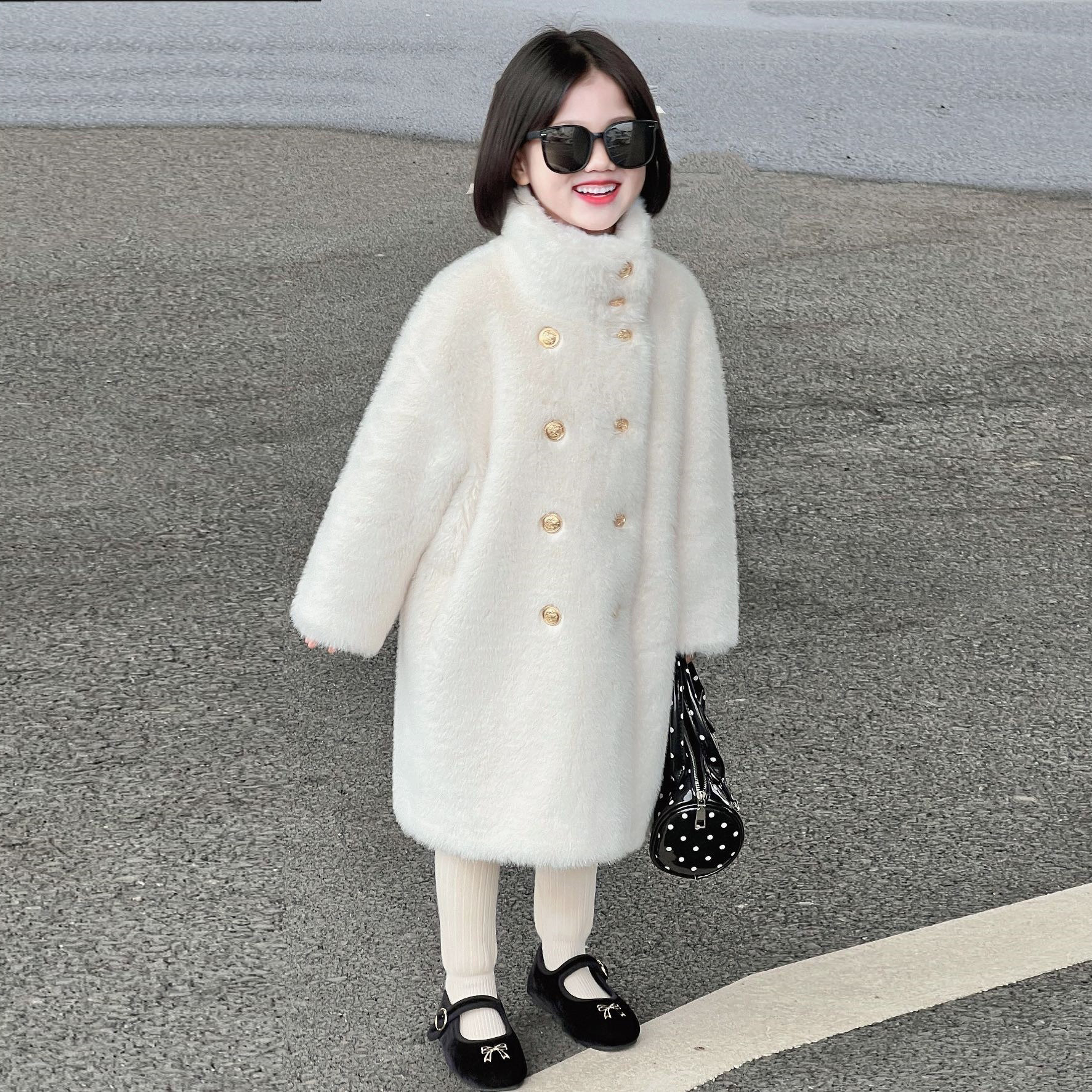 女童冬装大衣中长款2025新款皮毛一体加厚仿皮草双排扣洋气外套潮,淘宝优惠券,粉丝福利购,淘宝优惠卷