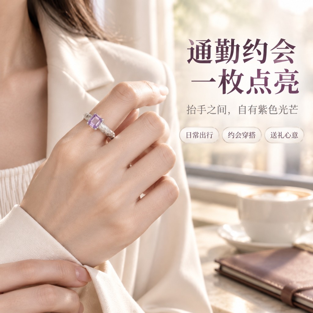 925 silver amethyst open adjustable ring for women