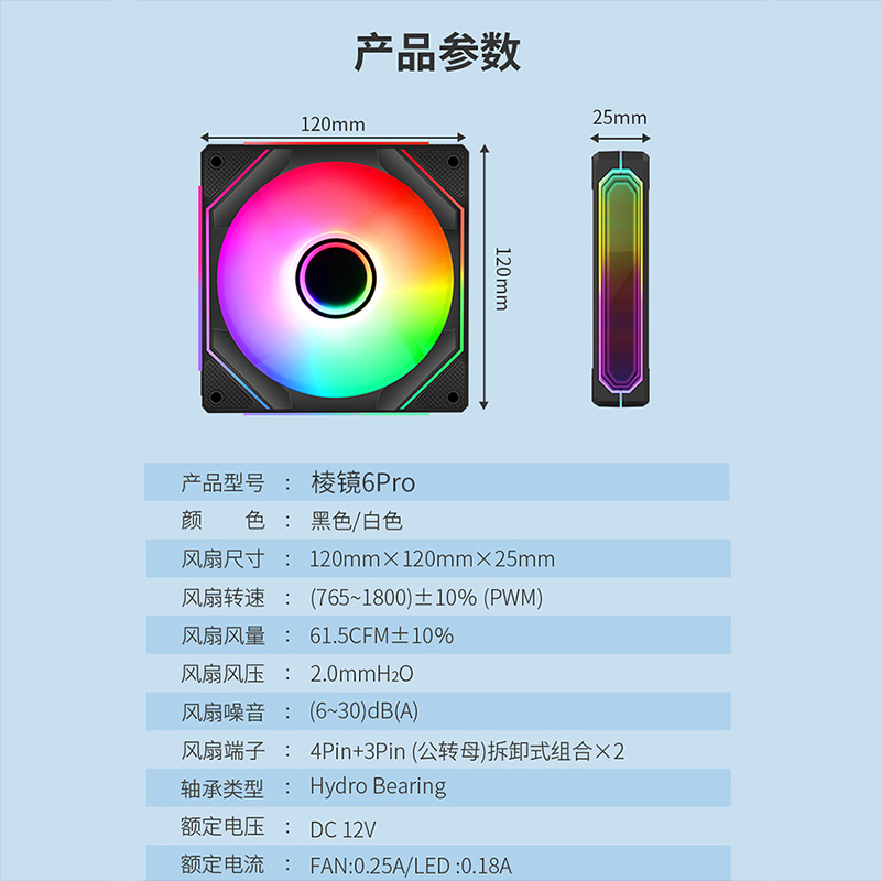 丛林豹棱镜6pro机箱12CM静音散热风扇ARGB正反叶白色5V3针PWM温控