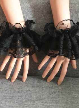 新娘婚纱礼服配饰双层花边蕾丝花嫁腕袖黑色手套手环白色手腕花女