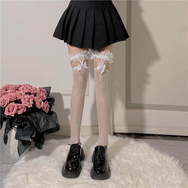 蝴蝶结蕾花边过膝高筒袜性感黑吊带腿环jk半截大腿渔网袜薄款,淘宝优惠券,粉丝福利购,淘宝优惠卷