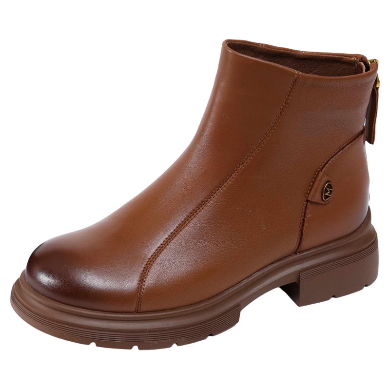 木林森女鞋2025冬季新款牛皮复古时尚后拉链美拉德时装靴加绒短靴 - 图3