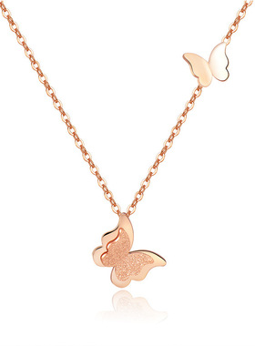 蝴蝶磨砂项链女韩版钛钢玫瑰金