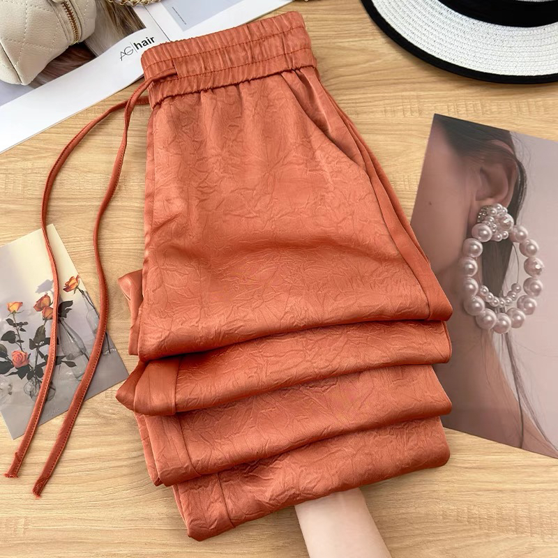 2025夏新款桑蚕丝提花双面皱高档纯色缎面长裤直筒窄版阔腿裤薄款 - 图0