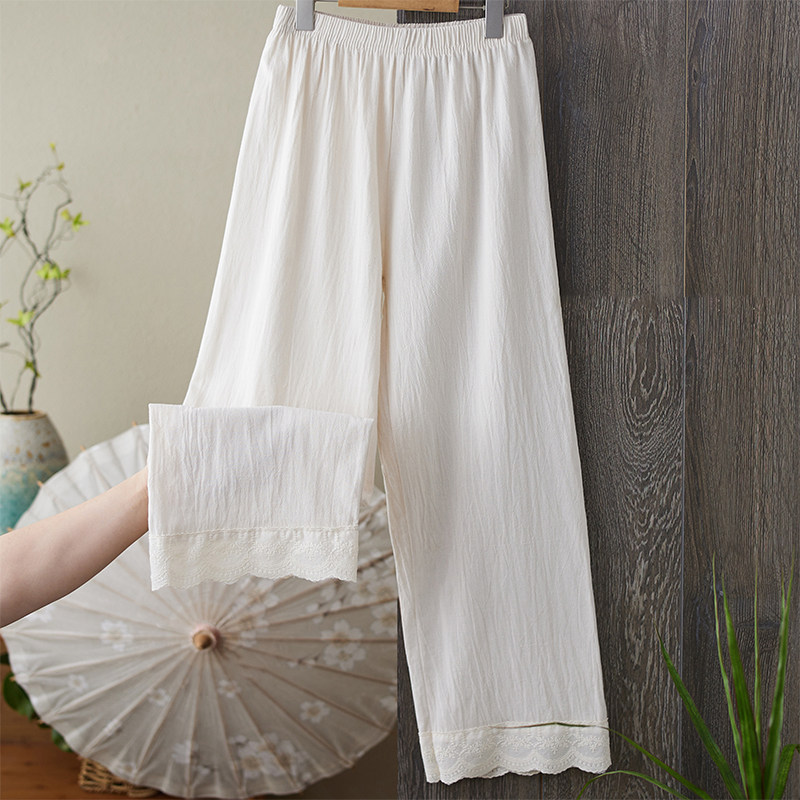 【棉麻】新款居家文艺休闲裤花边刺绣阔腿裤宽松九分拼接蕾丝裤女,淘宝优惠券,粉丝福利购,淘宝优惠卷