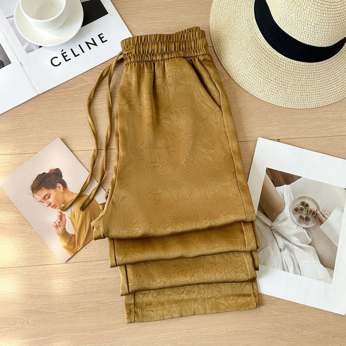 2025夏新款桑蚕丝提花双面皱高档纯色缎面长裤直筒窄版阔腿裤薄款 - 图2