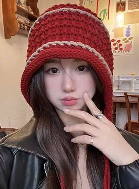 手工时尚流苏针织帽子毛线帽子女秋冬包头保暖百搭护耳可爱韩版