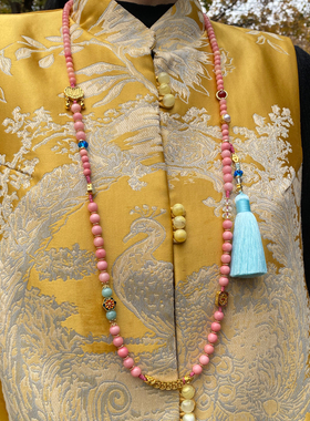 绢芭粉玛瑙长款项链中式汉服搭配