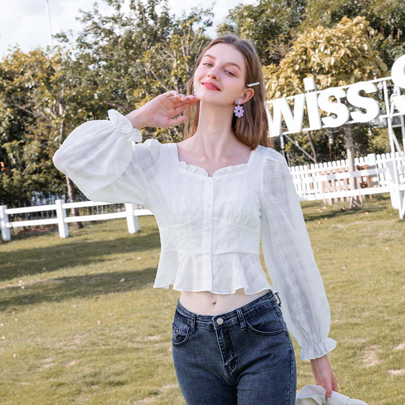 zk法式方领锁骨女心机设计感雪纺衫 zk蕾丝衫/雪纺衫