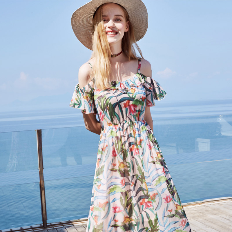 ZK一字肩吊带印花雪纺连衣裙女荷叶边露背波西米亚长裙沙滩裙夏装,淘宝优惠券,粉丝福利购,淘宝优惠卷