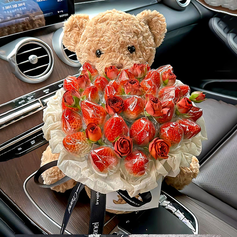 浪漫草莓季DIY雪梨纸花束送闺蜜朋友手捧草莓花束烘焙装饰抱抱熊,淘宝优惠券,粉丝福利购,淘宝优惠卷