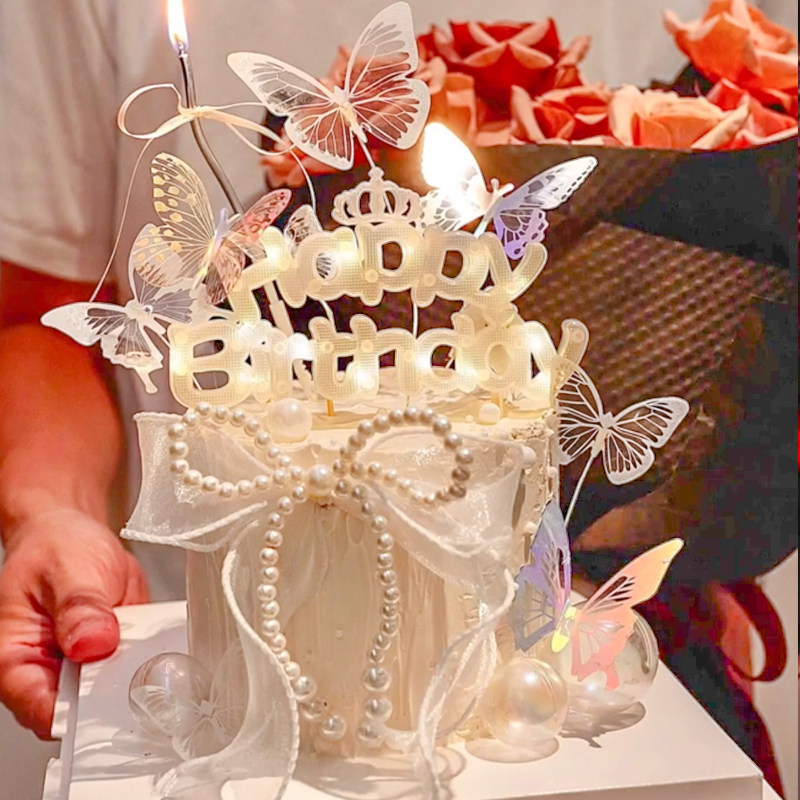 唯美幻彩蝴蝶结蛋糕装饰发光灯适合送女生女神生日蛋糕蝴蝶珍珠串,淘宝优惠券,粉丝福利购,淘宝优惠卷