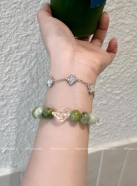 天然白水晶橄榄绿岫玉手串