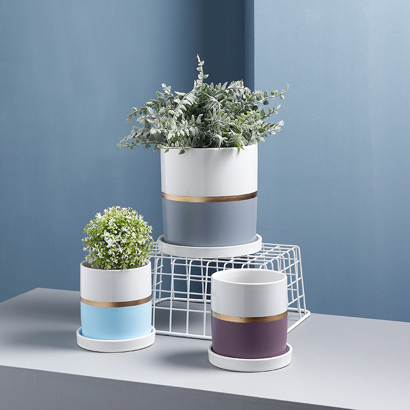 简亦 北欧简约ins金边个性大号创意花盆带托盘多肉小陶瓷室内绿植 挪威森林工坊 淘优券