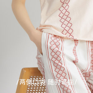 新世家族纯棉睡衣女夏季短袖九分裤外穿休闲大码妈妈款家居服套装