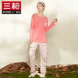 Хлопковая милая пижама, демисезонный комплект, хлопковый лонгслив, штаны, круглый воротник