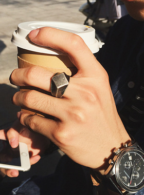 欧美潮流简约主义几何复古磨砂菱形介子男女情侣时尚四方形尾戒指