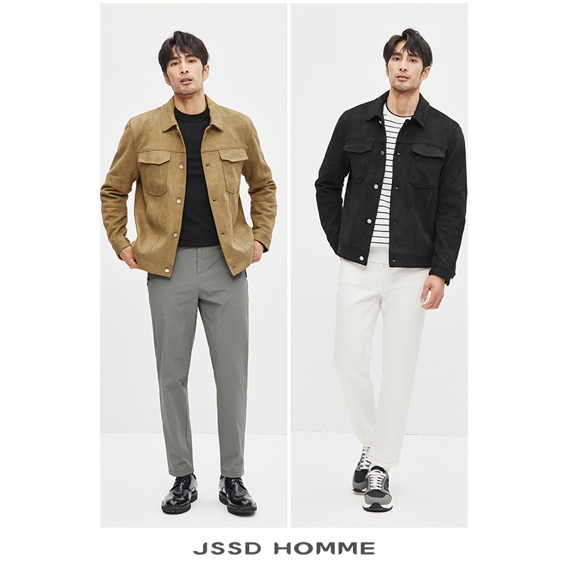 JSSD HOMME 2024春秋新款男款夹克麂皮绒男士翻领休闲夹克外套男 - 图0