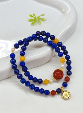 青金石蜜蜡双圈手链7mm南红玛瑙珍珠蜜蜡