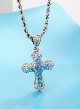 嘻哈蓝色锆石十字架男士项链时尚