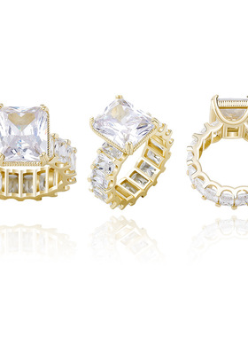 欧美嘻哈女款方形钻戒指真金电镀