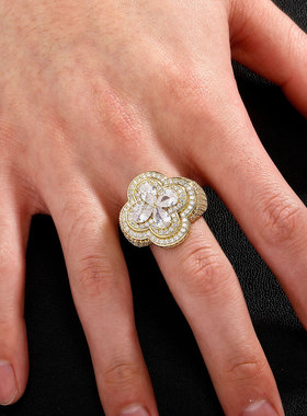 欧美微镶锆石四叶花朵戒指嘻哈男