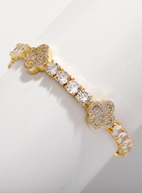 欧美嘻哈手链5MM四叶草锆石链网