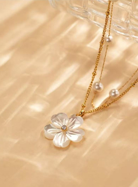 白色花朵项链气质双层珠珠时尚