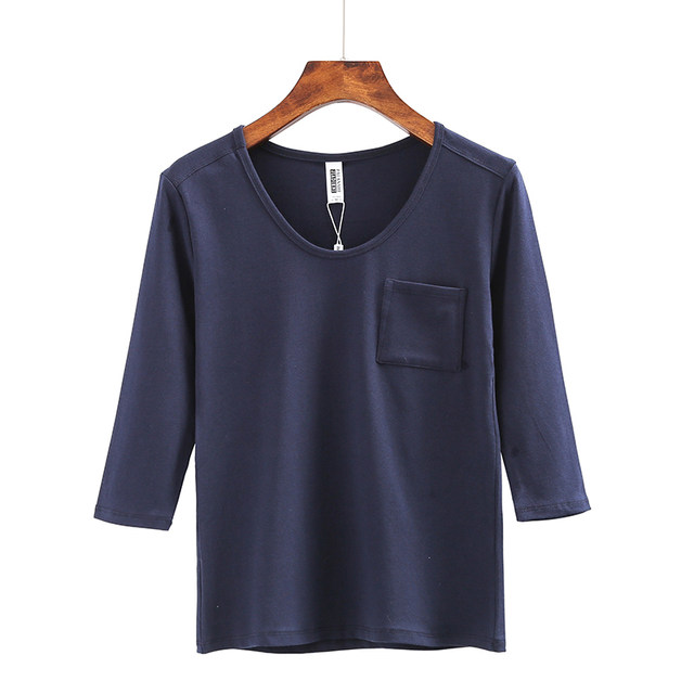 Spring and Autumn New Korean Style Round Neck Slim Sleeve Pocket Decoration Three Quarter Sleeves Pure White Solid Color Simple T-Shirt for Women