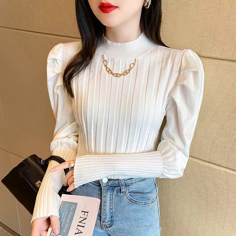 时尚链条半高领灯笼泡泡袖针织打底衫内搭毛衣女秋冬洋气内搭上衣