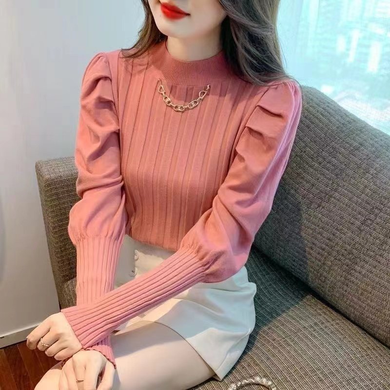 时尚链条半高领灯笼泡泡袖针织打底衫内搭毛衣女秋冬洋气内搭上衣