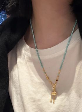 金店同款福项链女复古2025转动经轮串珠蓝色石新中式锁骨链轻奢