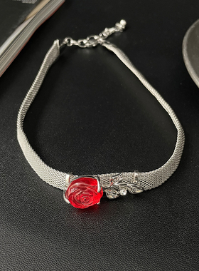 红色玫瑰花小众设计项链甜酷颈链