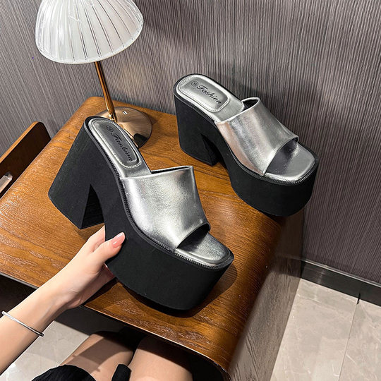 Tacón grueso de 11 cm, tacones súper altos, plataforma impermeable, bizcocho, suela gruesa, sandalias plateadas para uso exterior, zapatillas de boca de pez de moda para mujer