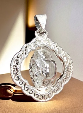 足银990新中式吊坠国潮方形双面转动莲花纯银福锁宝宝成人项链坠