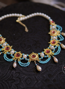 芳菲雪手工汉服多层流苏国风古风复古绿松色项链唐风百搭璎珞配饰