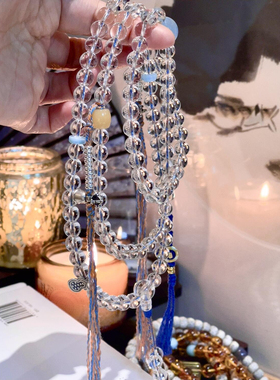 原矿巴西双A全净体天然白水晶108颗佛珠手链海蓝宝青金石多宝项链