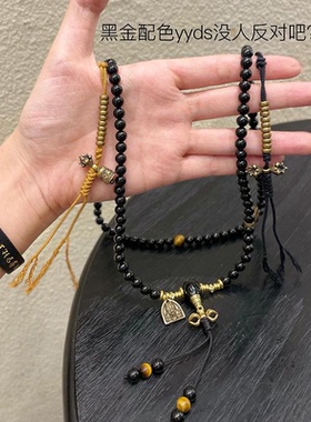 情侣款黑碧玺佛珠项链毛衣链女款