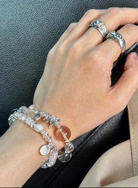 暮雀天然巴西老矿双A净体白水晶S925银手串药片珠叠戴款足银手链