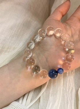 云汀万物生系列双A天然白水晶牛鼻孔泡泡珠搭蓝晶石925纯银手串女