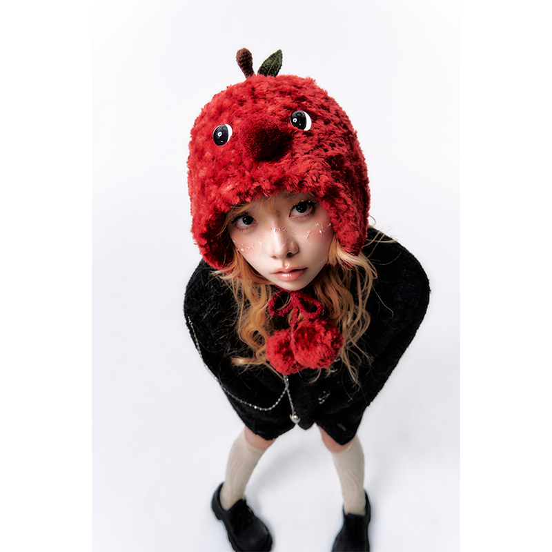 杨二大梦原创原创设计可爱苹果帽子加围巾冬季保暖毛线帽针织围脖 - 图0