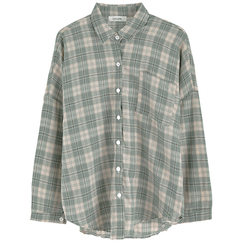 polo领格纹宽松长袖2020初秋季衬衫 skgirl衬衫