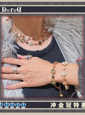 D家新款圆形白贝母CD字母珍珠项链女蜜蜂星星四叶草锁骨链choker