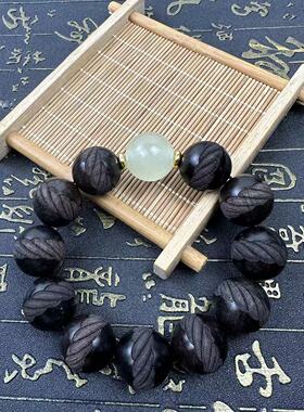 紫光檀雕刻手串黑檀木佛珠雕刻一生相依手链男女款文玩夜光珠手串