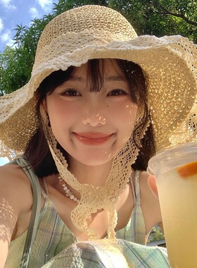 帽子女春夏新款法式草帽百搭蕾丝花边防晒帽夏季海边沙滩遮阳帽